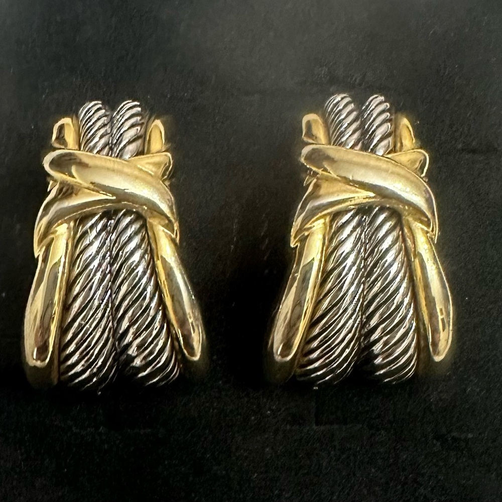 Vintage 2Tone Robe X Shape Wrapped Gold Plated with Sterling Silver Clip Earring